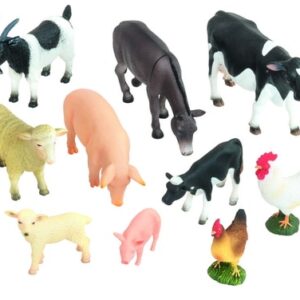 Set van 10 speelgoed boerderijdieren: koe, kalf, varken, big, schaap, lam, hen, haan, ezel en geit. Geschikt voor kinderen...