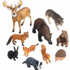 Bosdieren set met 10 levensechte miniaturen: hert, wolf, beer, vos, eekhoorn, konijn, das en egeltje. Duurzaam en kindvrie...
