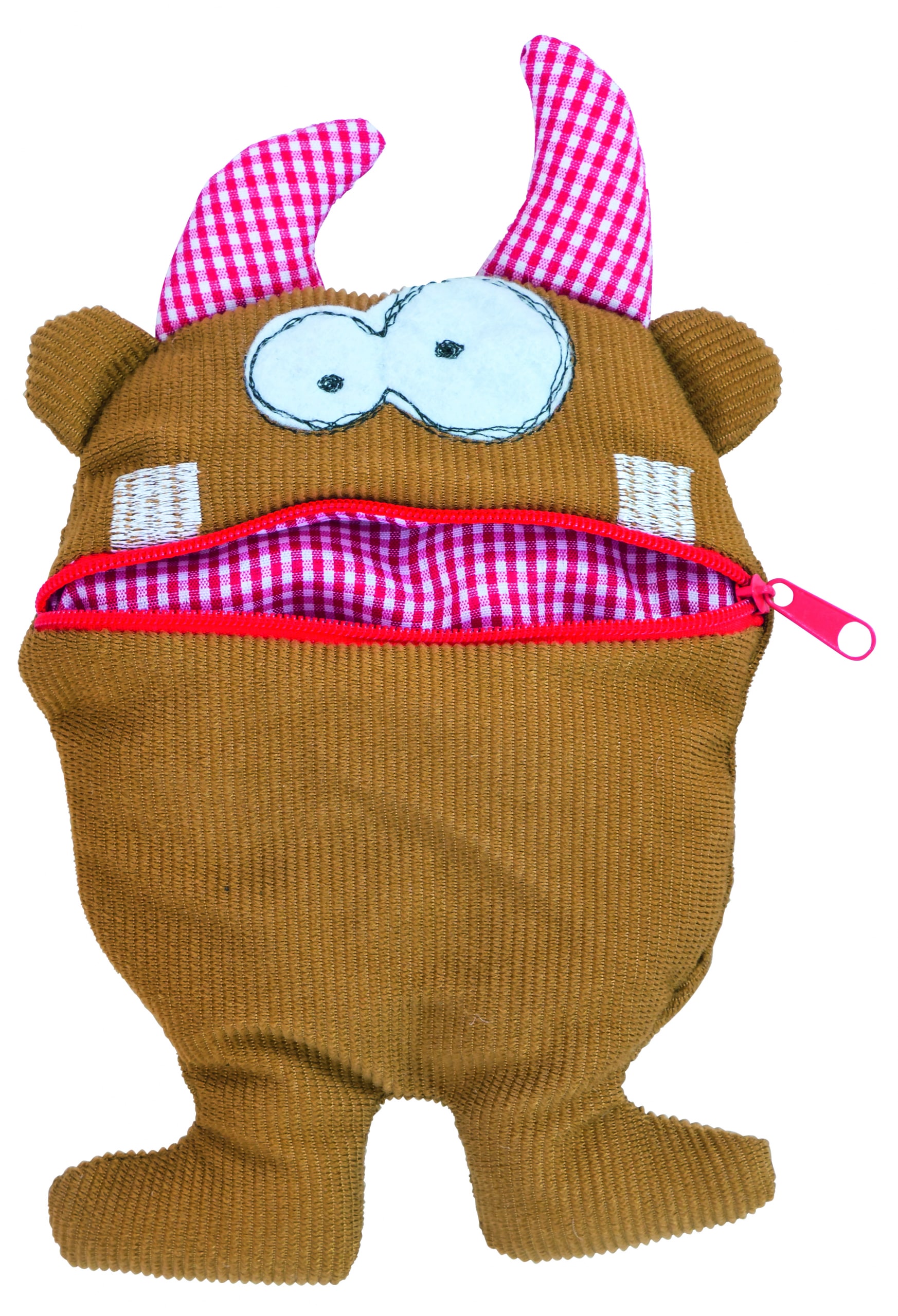 Grappig bruin zorgenmonster met grote ogen en een ritsmond, ideaal voor kinderen om zorgen in te stoppen.