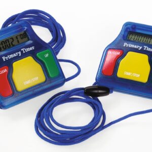 Zes kindvriendelijke stopwatches met kleurrijke knoppen en een koord, ideaal voor gebruik in de klas.
