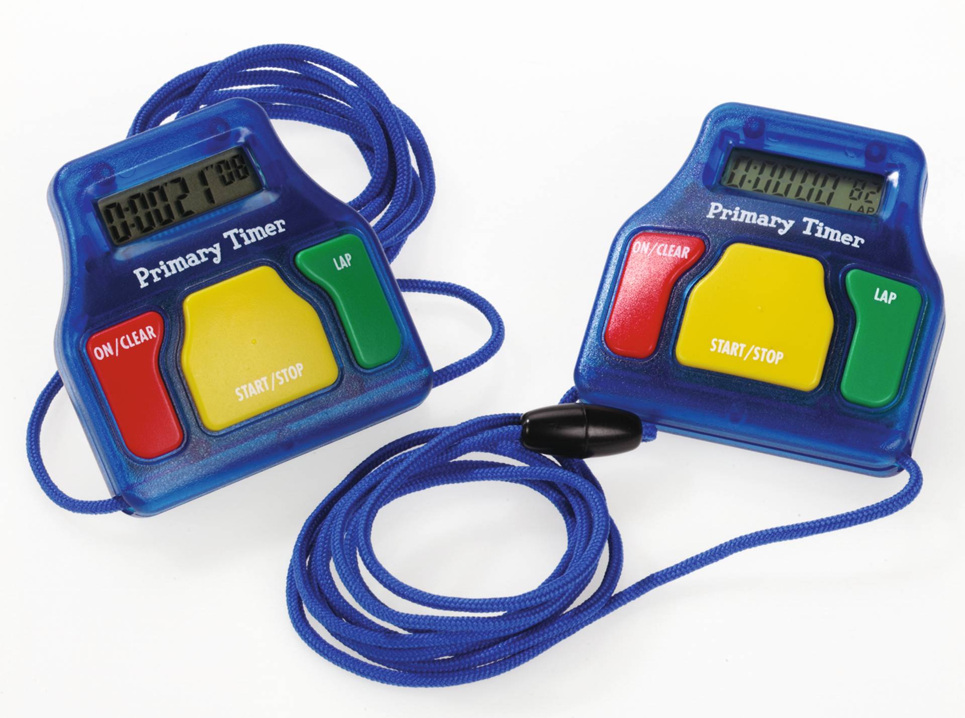 Zes kindvriendelijke stopwatches met kleurrijke knoppen en een koord, ideaal voor gebruik in de klas.