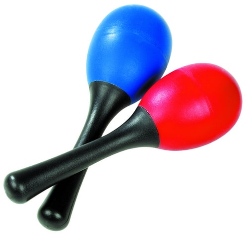 Mini-samba-kunststof, set van twee sambaballen in blauw en rood met zwarte handgrepen. Geschikt voor muziekeducatie.