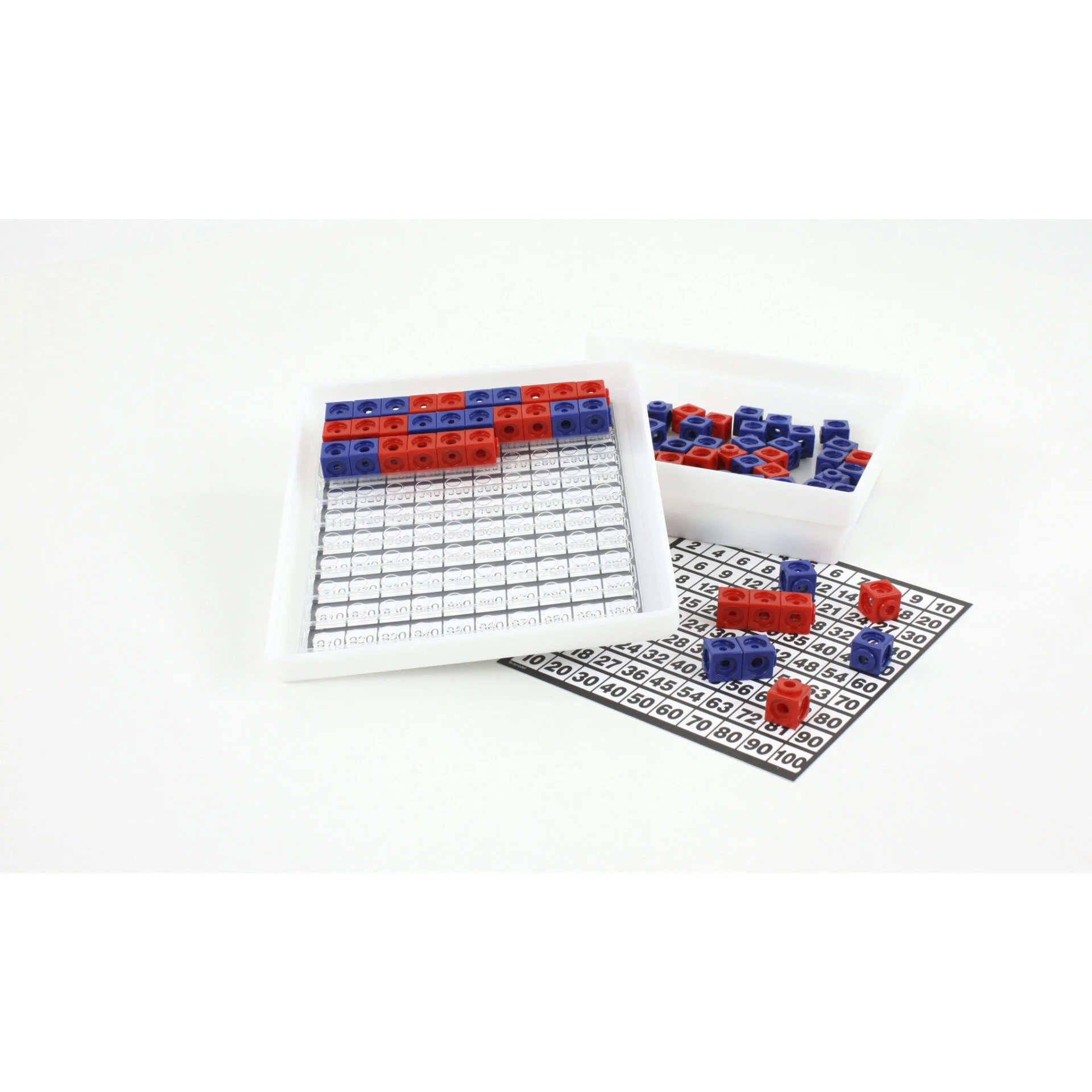 Multibox met 100 blokjes in rood, blauw en wit, inclusief een telblad met nummers van 1 tot 100.