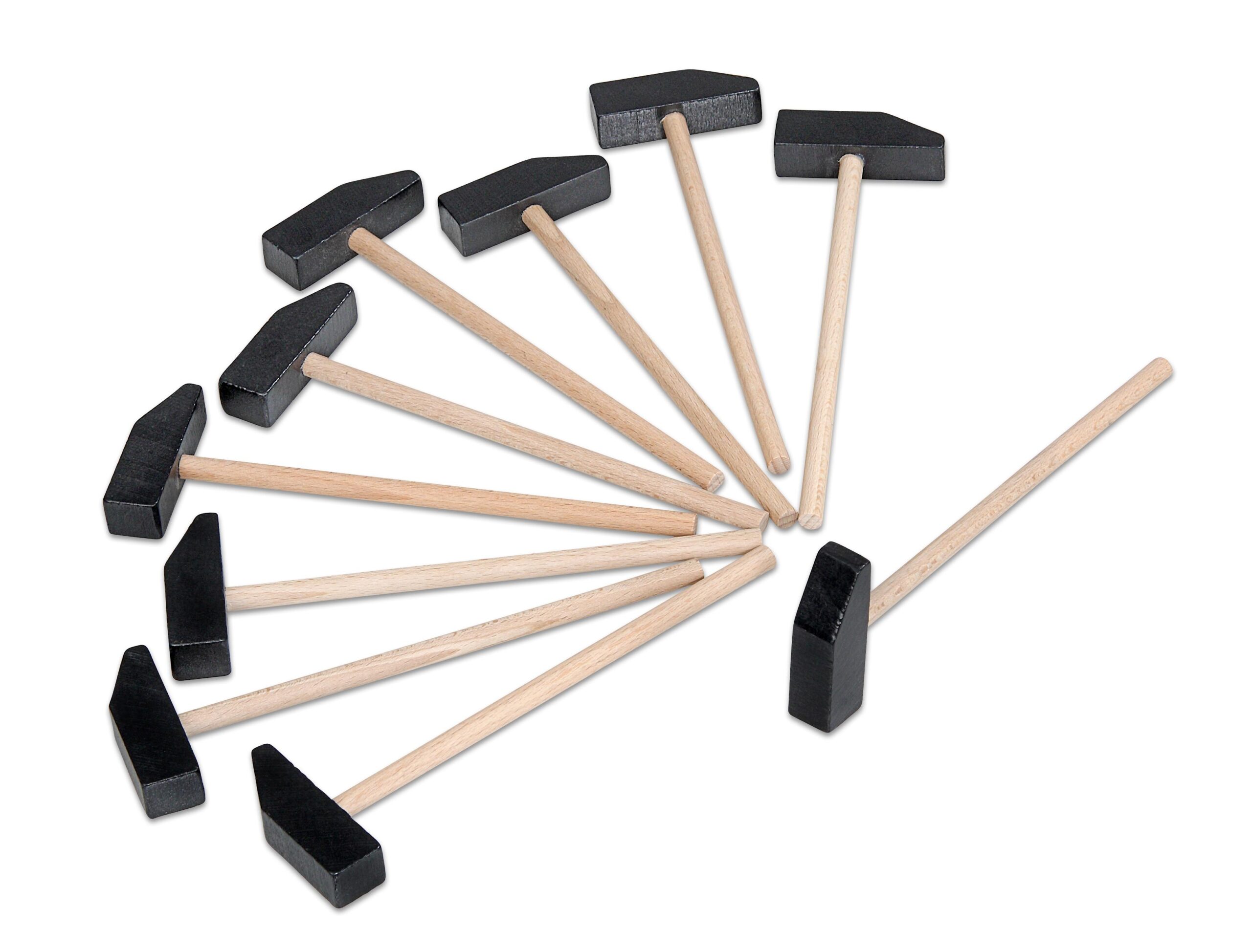 Zwarte hamer met houten steel, set van tien, geschikt voor algemeen gebruik en klussen.
