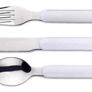 Set van 10 KDV vorken met witte handgrepen, geschikt voor kinderen, inclusief vork, mes en lepel.