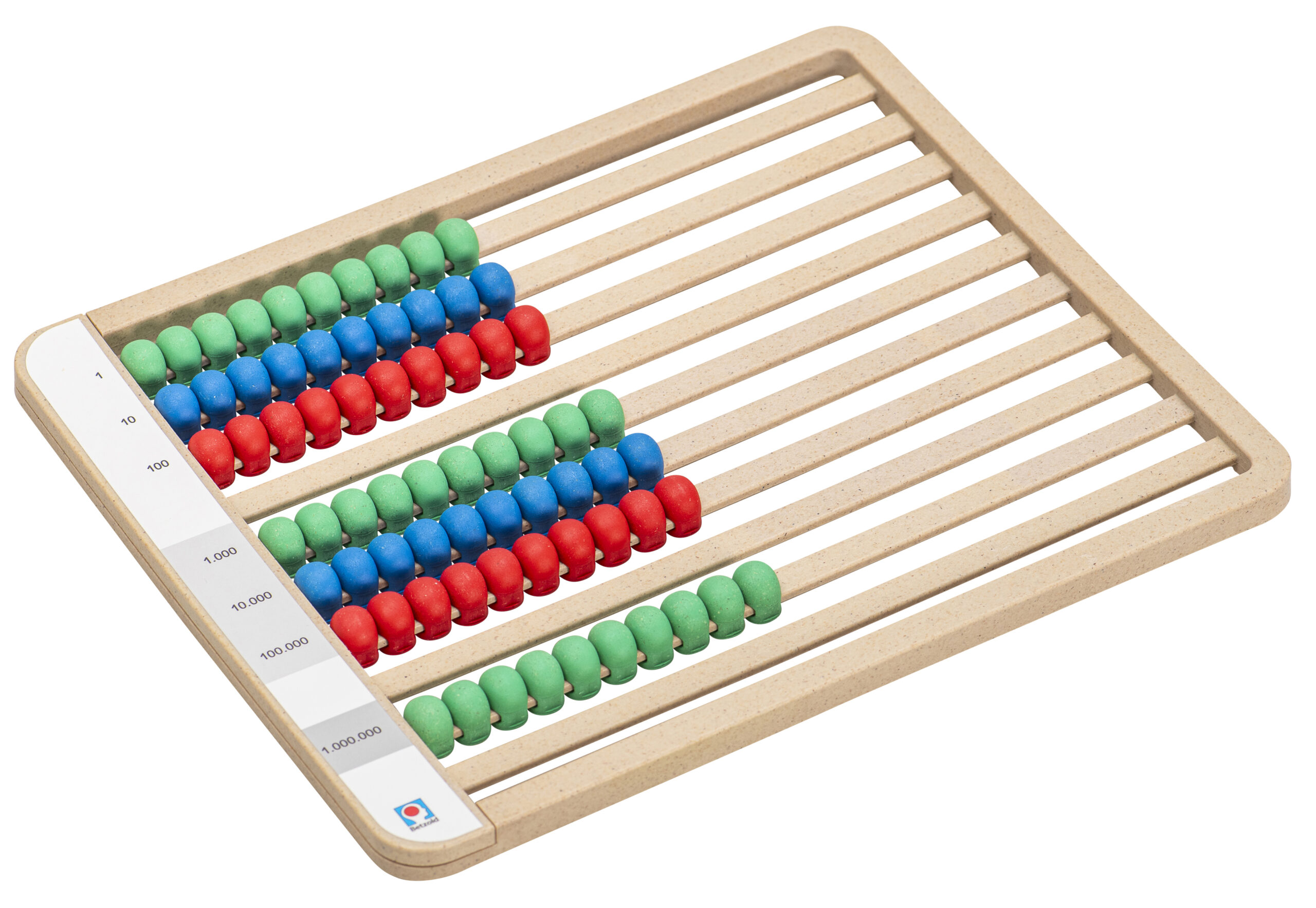 Montessori telraam van hout met gekleurde kralen in groen, blauw en rood, geschikt voor leren tellen en rekenen.