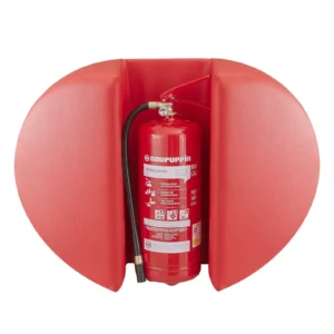 Rond beschermkussen voor brandblusser, rood, met zichtbare brandblusser en slang, geschikt voor onderwijsinstellingen.