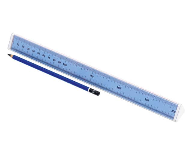 3D-liniaal van 30 cm met blauwe, oranje en groene zijden voor mm, cm en dm. Inclusief een blauwe potlood.