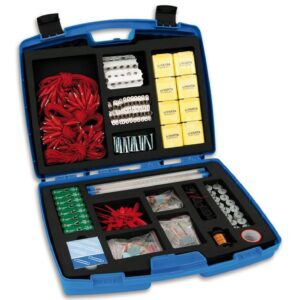 Experimentenkoffer met onderdelen voor elektriciteit, waaronder draden, schakelaars, en componenten voor het bouwen van ci...