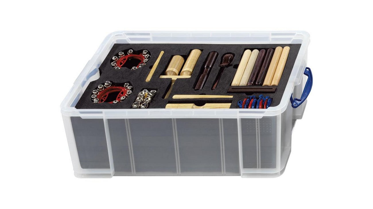 Grote ritmekist met 34 instrumenten, waaronder shakers, kloppers en tambourijnen, geschikt voor kinderen vanaf 3 jaar.
