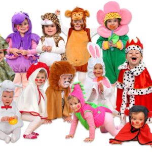 Kleurrijke peuterkostuums voor kinderen, waaronder dieren en bloemen, eenvoudig te sluiten met klittenband voor vrij spel.