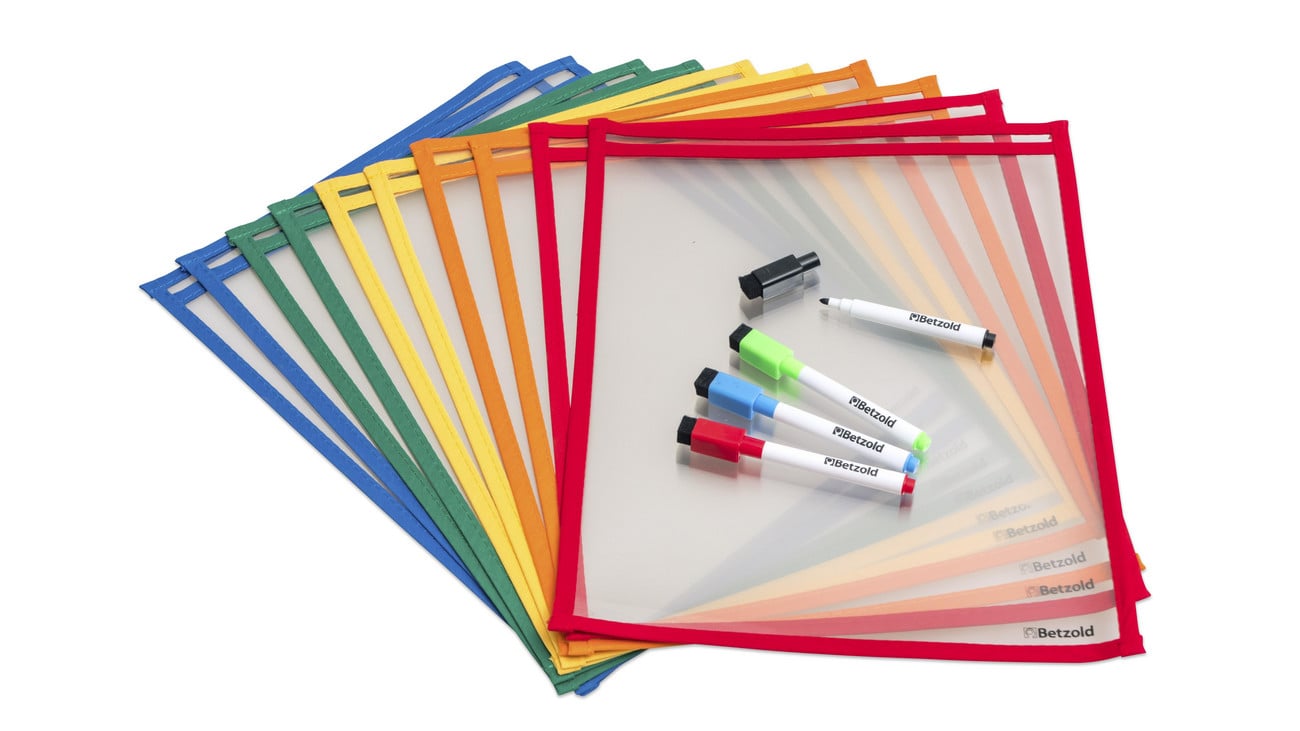 Set van 10 transparante leermappen in verschillende kleuren met 4 wateroplosbare stiften, ideaal voor lesmateriaal.