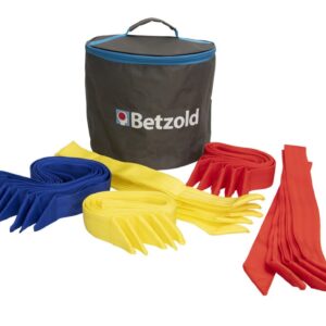 Teambanden-set van 30 stuks in rood, geel, blauw en een opbergzak, ideaal voor gymlessen en teamsporten.