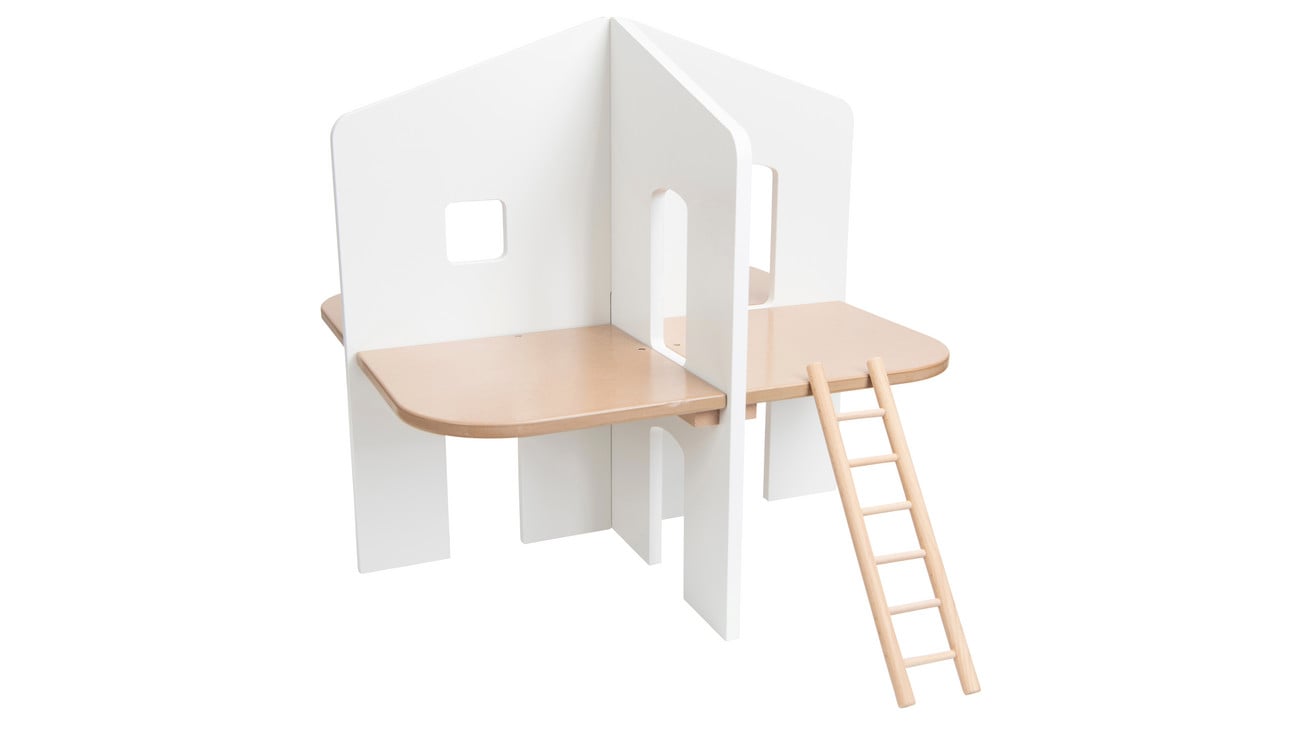 Poppenhuis met twee verdiepingen, ongemeubileerd, houten ladder en open ruimtes voor creatief rollenspel.