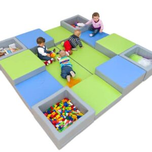 Indoor Speeleiland 11-dlg met zachte schuimelementen in verschillende kleuren, kinderen spelen en ontdekken veilig.
