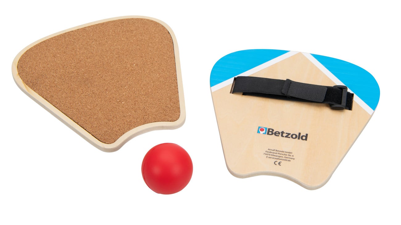 Terugslagspel met houten paddels, verstelbare klittenbandsluiting en een rode bal, ideaal voor actief spelplezier.