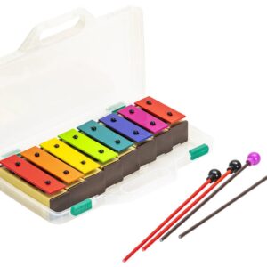 Sopraan-klankblokjesset met 8 kleurrijke blokken in Boomwhackers-kleuren en 2 stokken, verpakt in een doorzichtige doos.