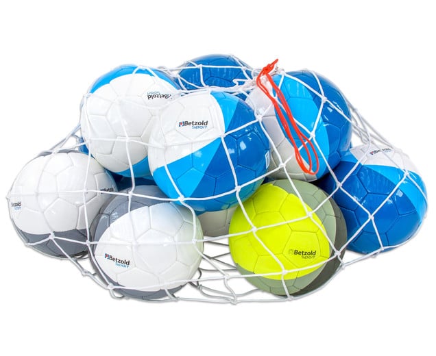 Voetbalset met 11 competitievoetballen in een net, ideaal voor scholen en sportdagen.