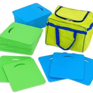 Zitkussen set van 31 delen in een gele tas, met groene en blauwe kussens voor buitenactiviteiten en sportdagen.