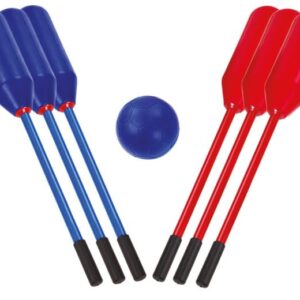 Knotshockey set met 6 zachte foam sticks in blauw en rood en een blauwe bal, ideaal voor veilig speelplezier.