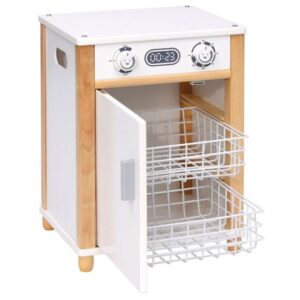 Vaatwasser voor kinderkeuken met houten frame, draaiknoppen en open deur met metalen manden voor speelgoedafwas.