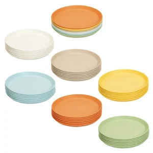 Set van 6 duurzame bio-kunststof kinderborden in moderne kleuren: wit, beige, blauw, oranje en geel. Perfect voor maaltijden.