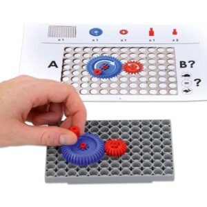 Tandwiel Experiment Set met tandwielen, instructiekaart en grondplaat voor leren over bewegingsoverdracht.