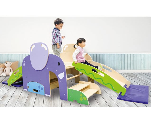 Klim & Klauter Burcht met glijbanen en trap, kinderen spelen en ontdekken op een kleurrijke speelstructuur.