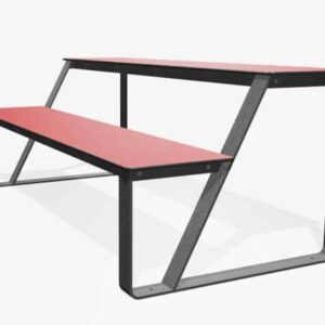 Picknickbank Tribune met een robuust zwart frame en rode zit- en tafelplanken, ideaal voor buitengebruik.