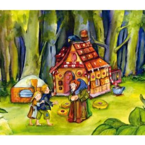 Hans & Grietje Beeldkaarten met kleurrijke illustraties van het verhaal, inclusief het huisje en de personages in een bos.