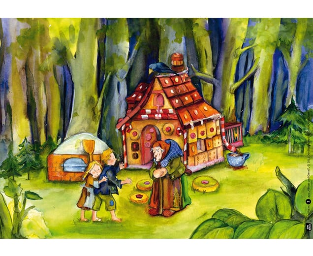 Hans & Grietje Beeldkaarten met kleurrijke illustraties van het verhaal, inclusief het huisje en de personages in een bos.