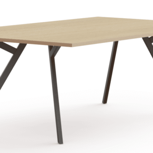 Moderne vergadertafel met rechthoekig blad van 25mm spaanplaat en een design onderstel in een lichte houtkleur.