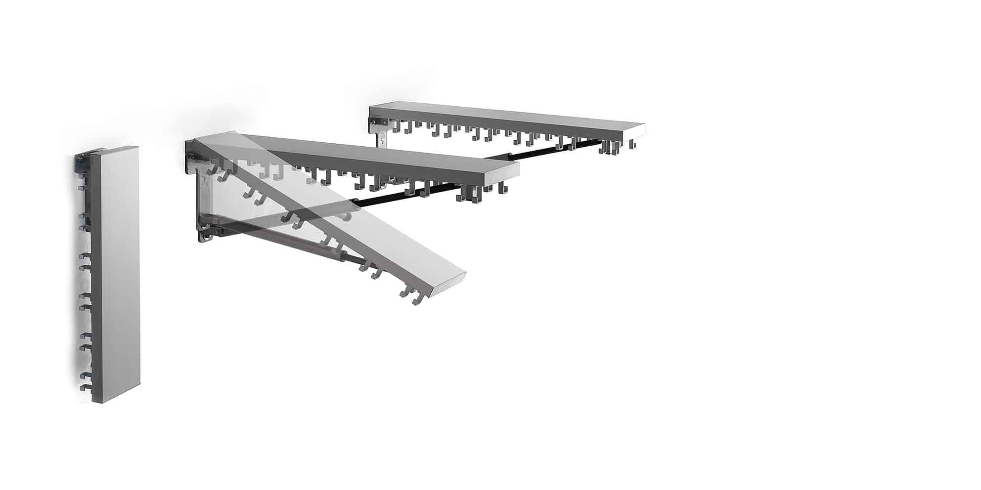 Opklapbare wandgarderobe CLAP met meerdere haken en een strakke, moderne afwerking in grijs.