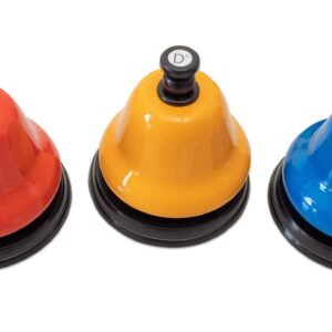 Drie kleurrijke muziektafelbellen in rood, geel en blauw, geschikt voor beginners zonder muzikale voorkennis.