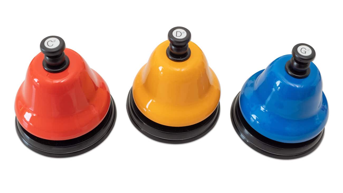 Drie kleurrijke muziektafelbellen in rood, geel en blauw, geschikt voor beginners zonder muzikale voorkennis.