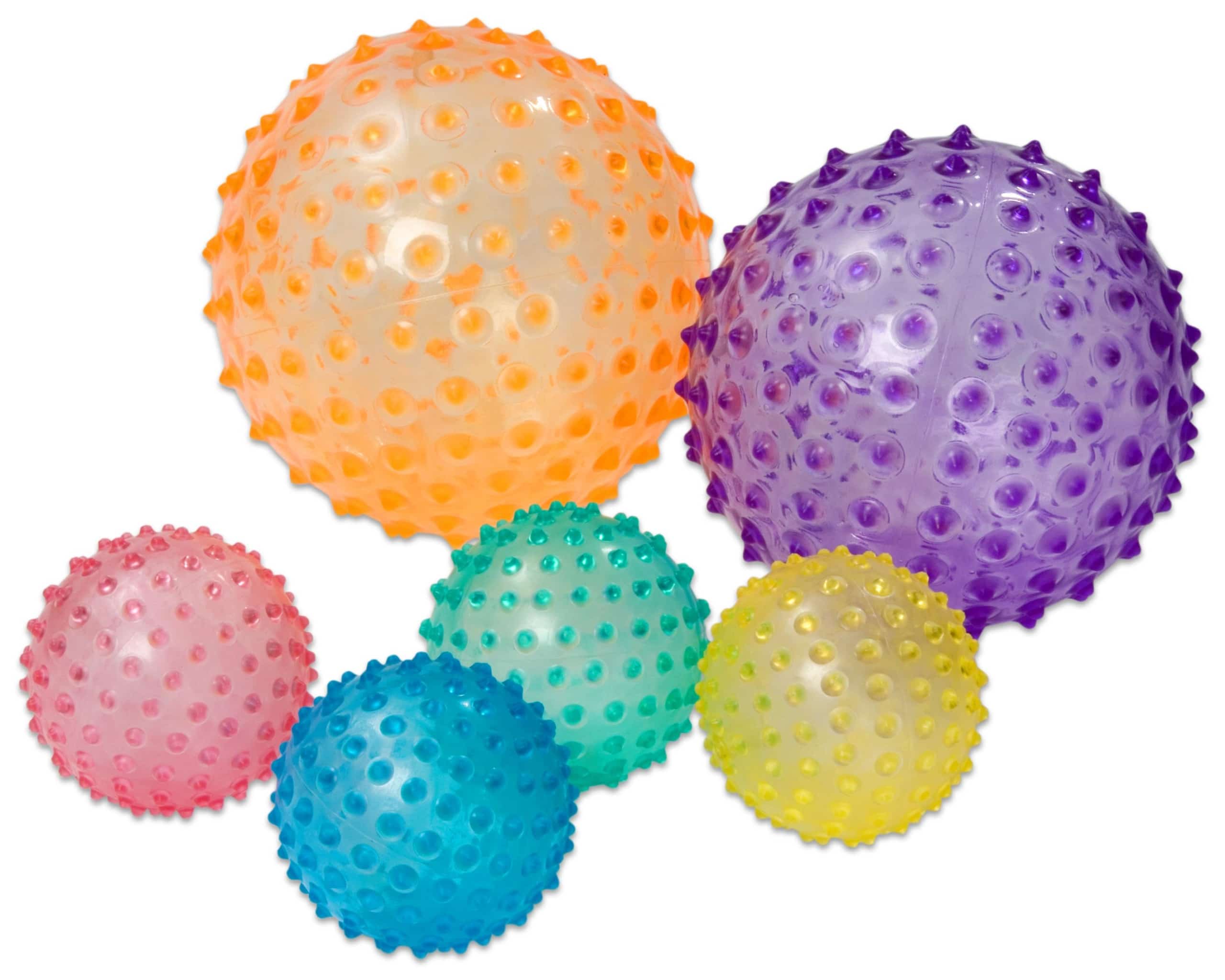 Set van 6 sensomotorieke ballen van 11 cm met noppenoppervlak in verschillende kleuren voor motorische ontwikkeling.