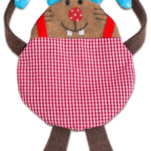 Paashaas tas met schattige konijnenontwerpen, blauwe oren, en een rood-wit geruit schort. Perfect voor Pasen.
