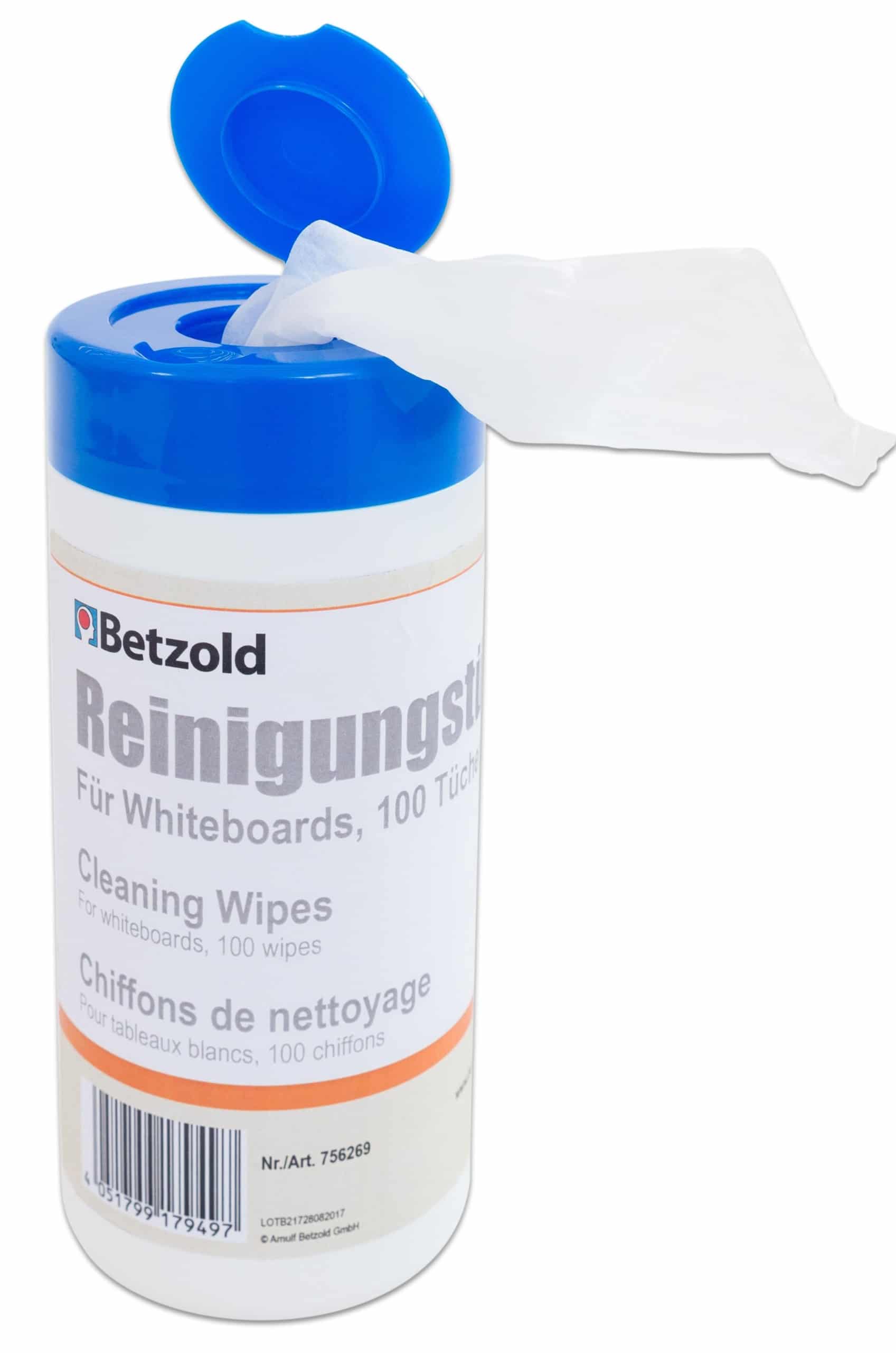 Betzold reinigingsdoekjes in een blauwe verpakking, 100 doekjes voor het schoonmaken van whiteboards.