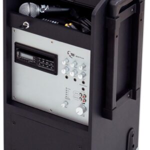 Draagbare FUNK TLS M200 luidspreker met microfoon, oplaadbare accu en bedieningspaneel, ideaal voor buitengebruik.