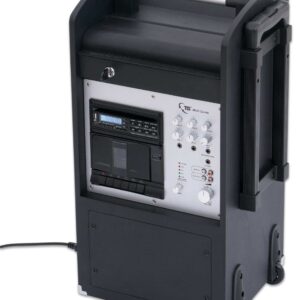 TLS M200 Combi zaalversterker met bedieningselementen, cassettebandje en wielen voor mobiel gebruik.
