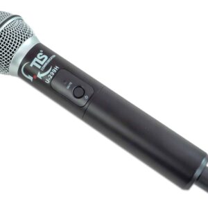 TLS microfoon met zwarte behuizing en metalen grill, frequentie 836,05 MHz, geschikt voor muziek en versterking.