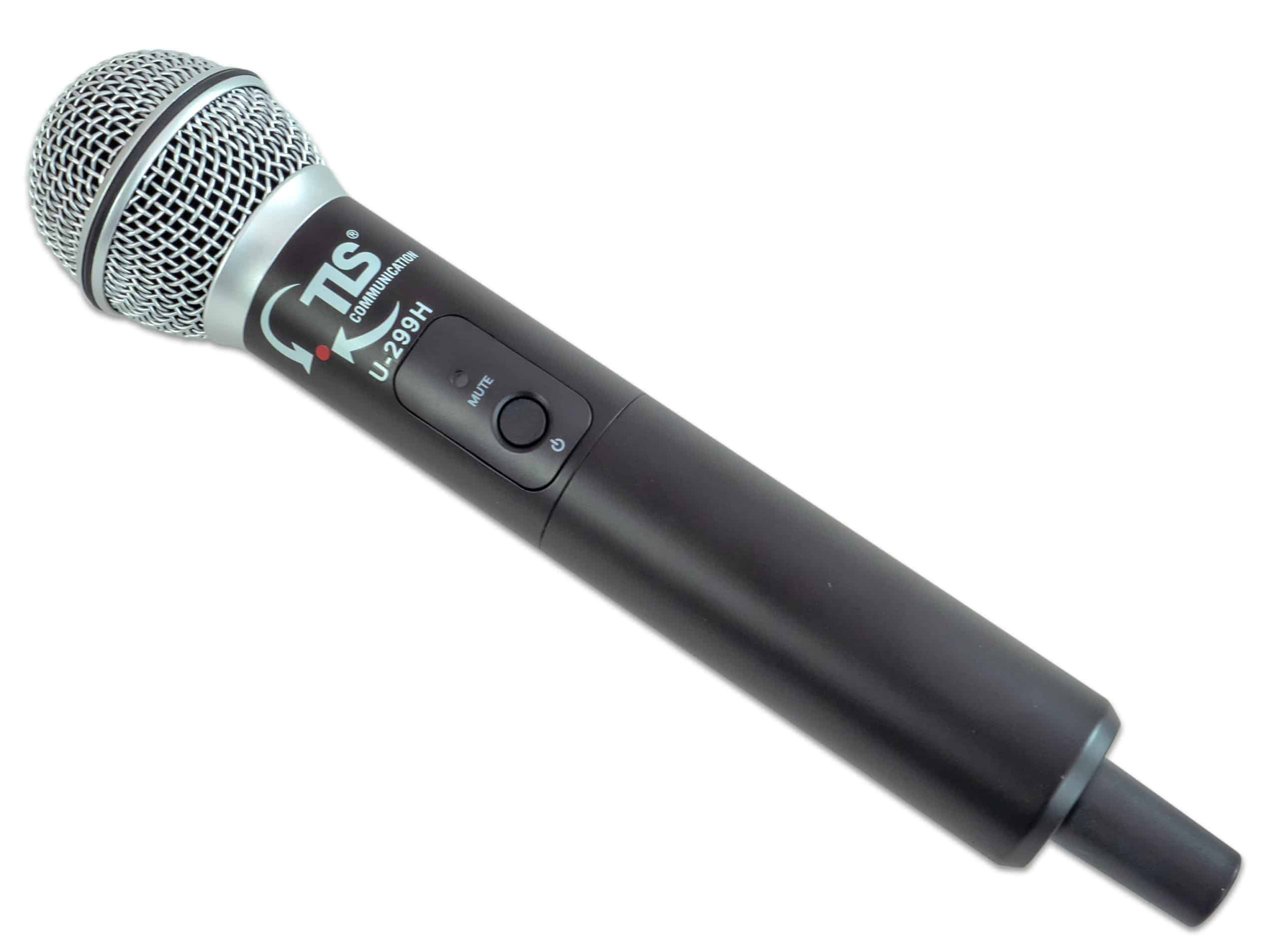 TLS microfoon met zwarte behuizing en metalen grill, frequentie 836,05 MHz, geschikt voor muziek en versterking.