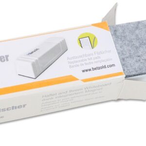 Betzold whiteboardwisser in doos, met grijze viltzijde en witte kunststof behuizing, voor het schoonmaken van whiteboards.