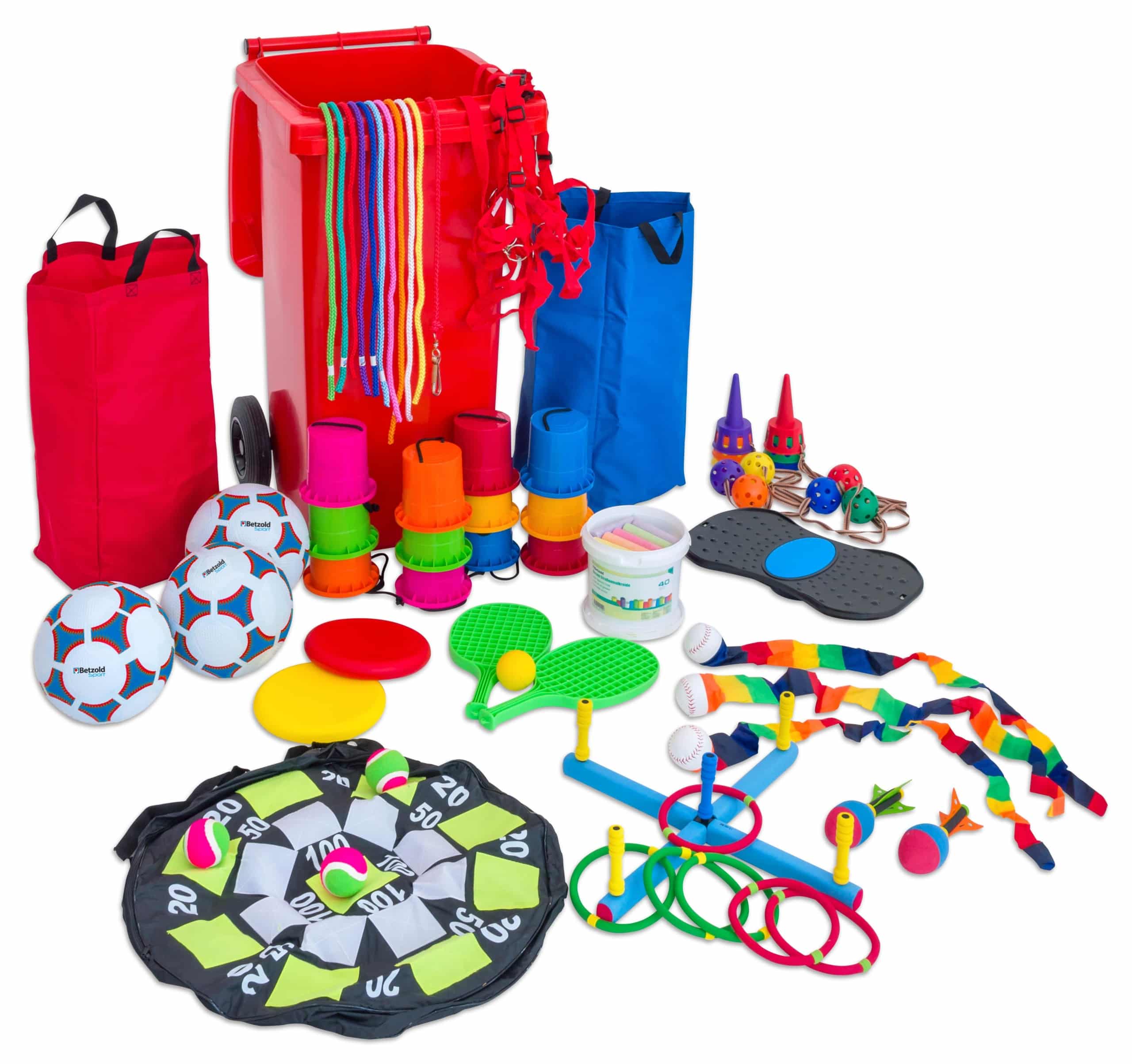 Grote binnen- en buitenspeelset met ballen, hoepels, ringen, en diverse kleurrijke spelmaterialen in een rode container.