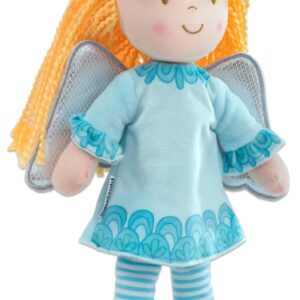 Zachte pop met blonde krullende haren, vleugels en een blauwe jurk met golven, ideaal voor spel- en ontwikkelingsactivitei...