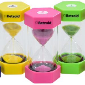 Set van vijf zandlopers in verschillende kleuren: 30 sec, 1 min, 3 min, 5 min en 2 min. Ideaal voor tijdsbesef.
