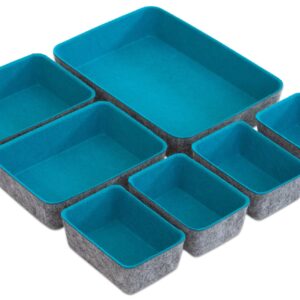 Turquoise vilten bakjes, set van 7, in verschillende maten voor opbergen en sorteren.