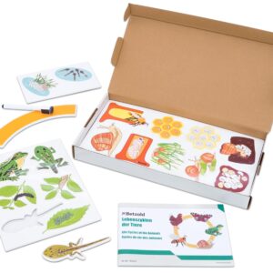 Magnetische plaatjes van dierenlevenscycli, inclusief afbeeldingen van insecten en andere dieren, in een kartonnen doos.
