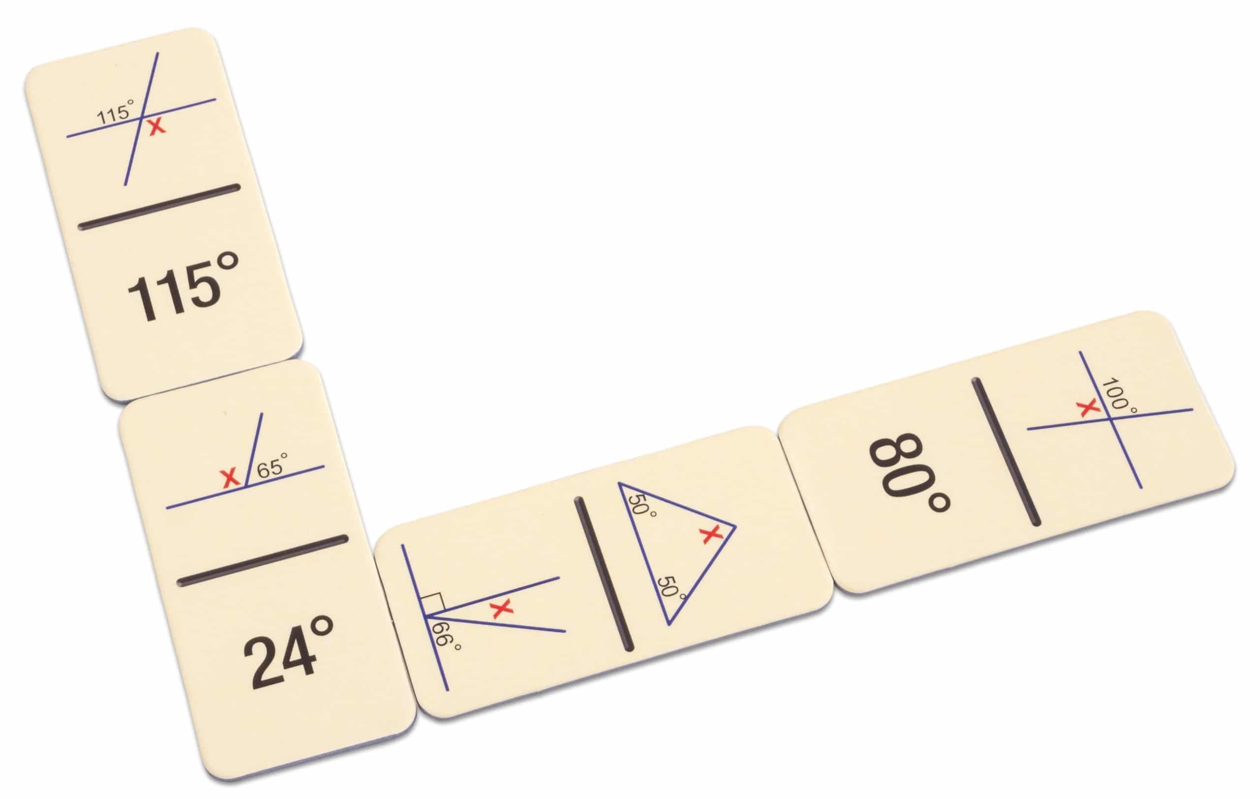Domino kaarten met driehoeken en hoeken, inclusief graden zoals 24°, 80°, 115° en 65°. Geschikt voor meetkunde.