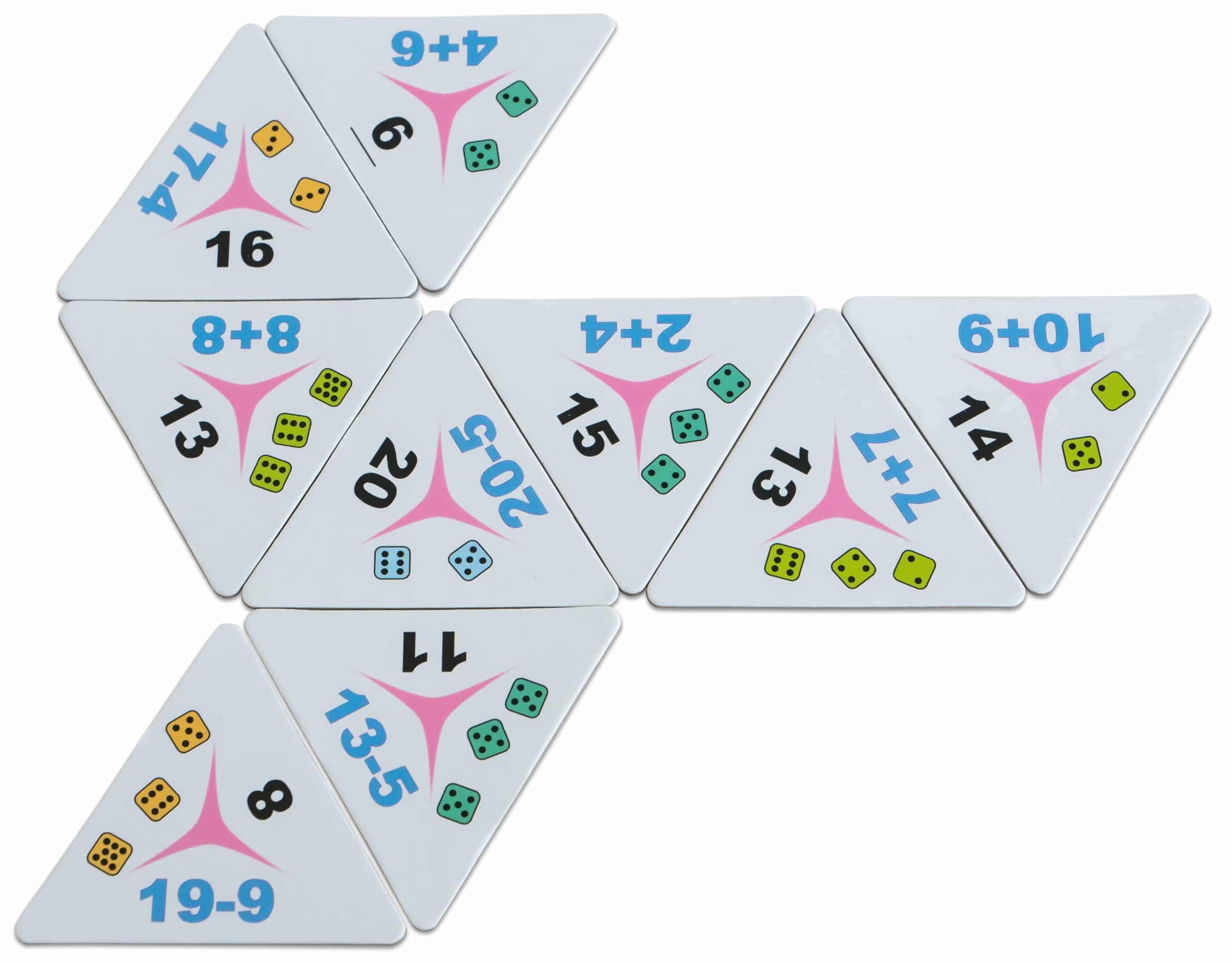Tri-Dominos met getallen en rekensommen tot 20, in een speelse, driehoekige vorm. Geschikt voor rekenonderwijs.